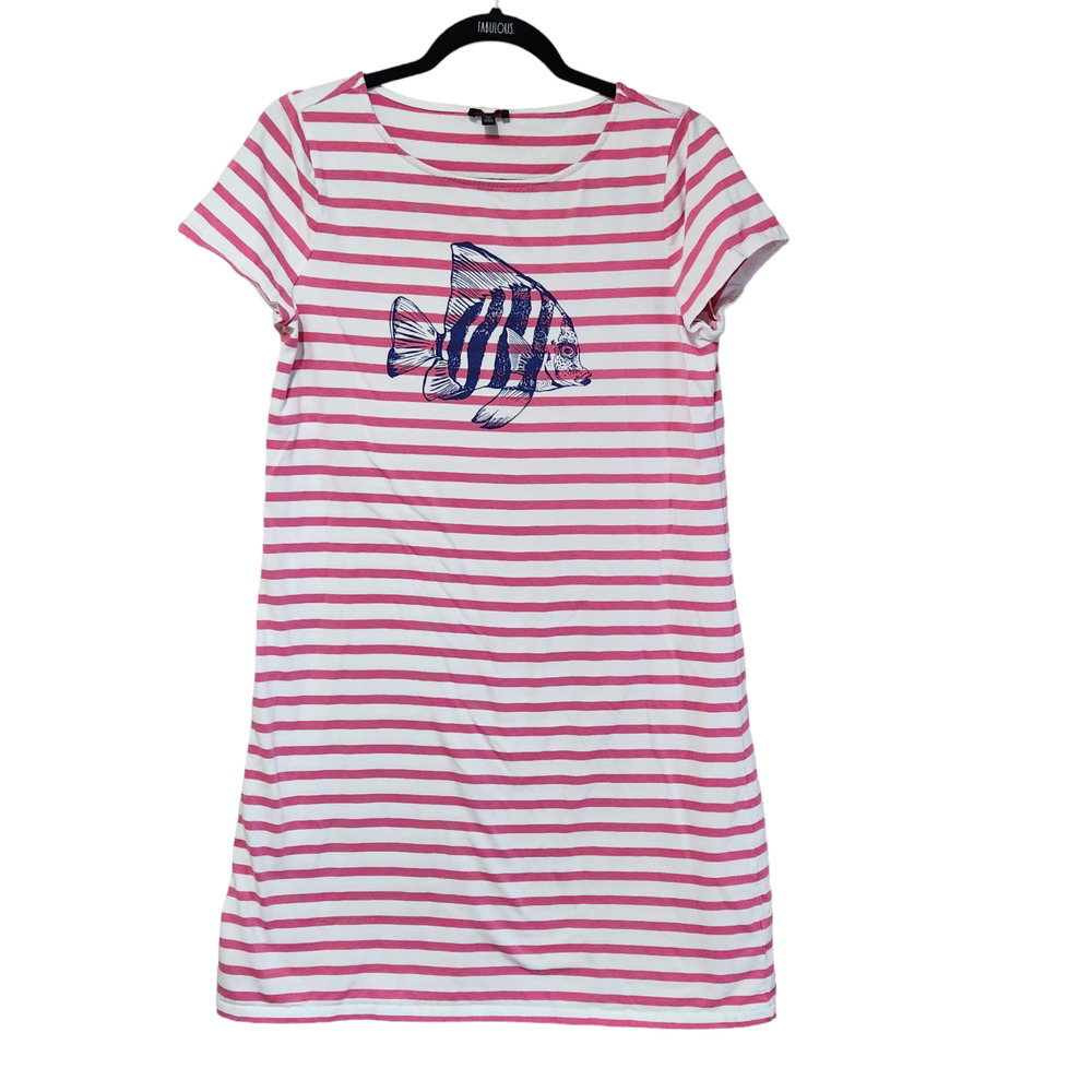 Talbots T-Shirt Dress Size Large Petite Pink White Striped Fish Coastal Beachy